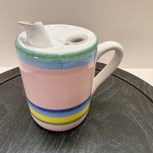 VTG Caleca Italy Hand Painted Ceramic olive oil Pitcher Stripes Spout Lid signed